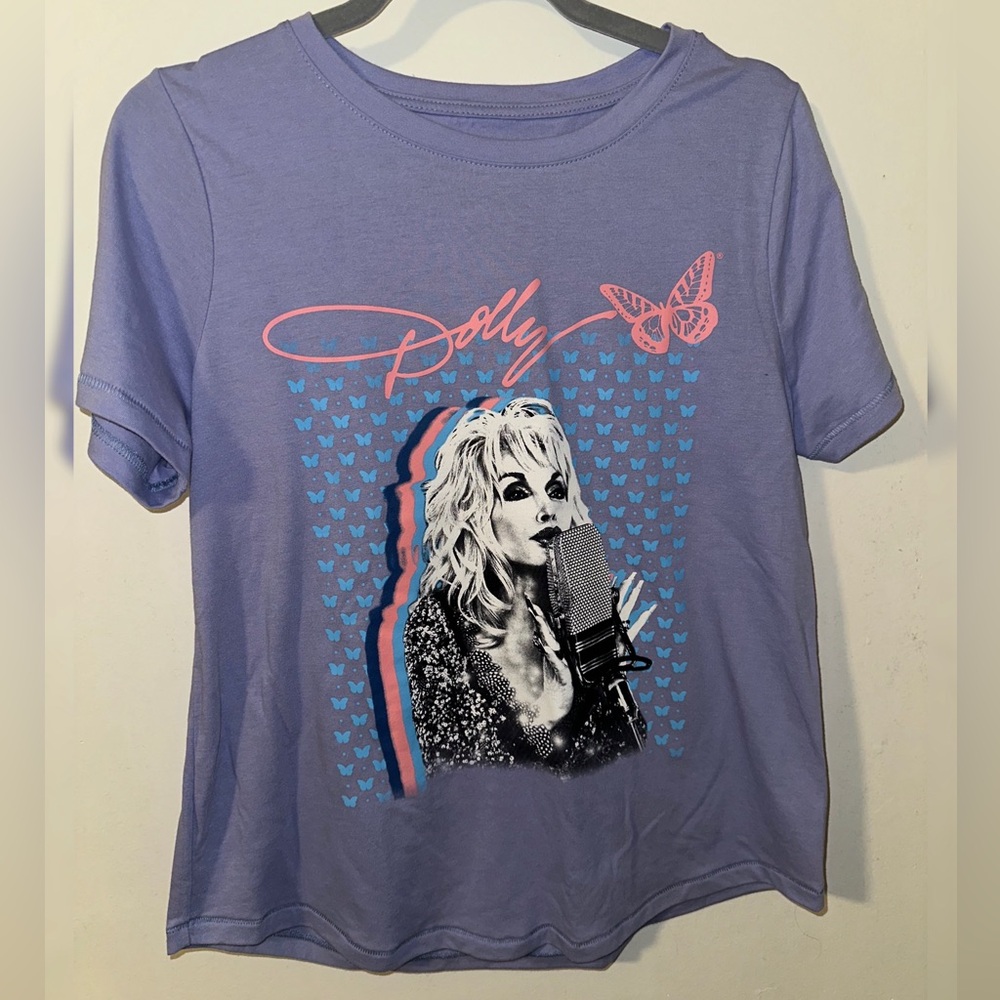 Purple Dolly Parton Graphic T-Shirt with Butterfly Design